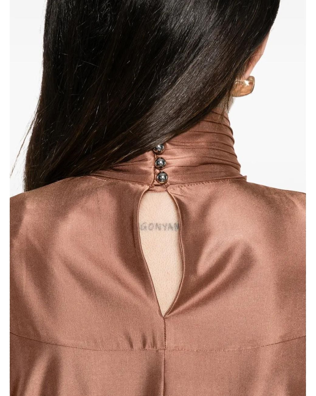 Rabanne Brown High-Neck Gathered-Waist Blouse