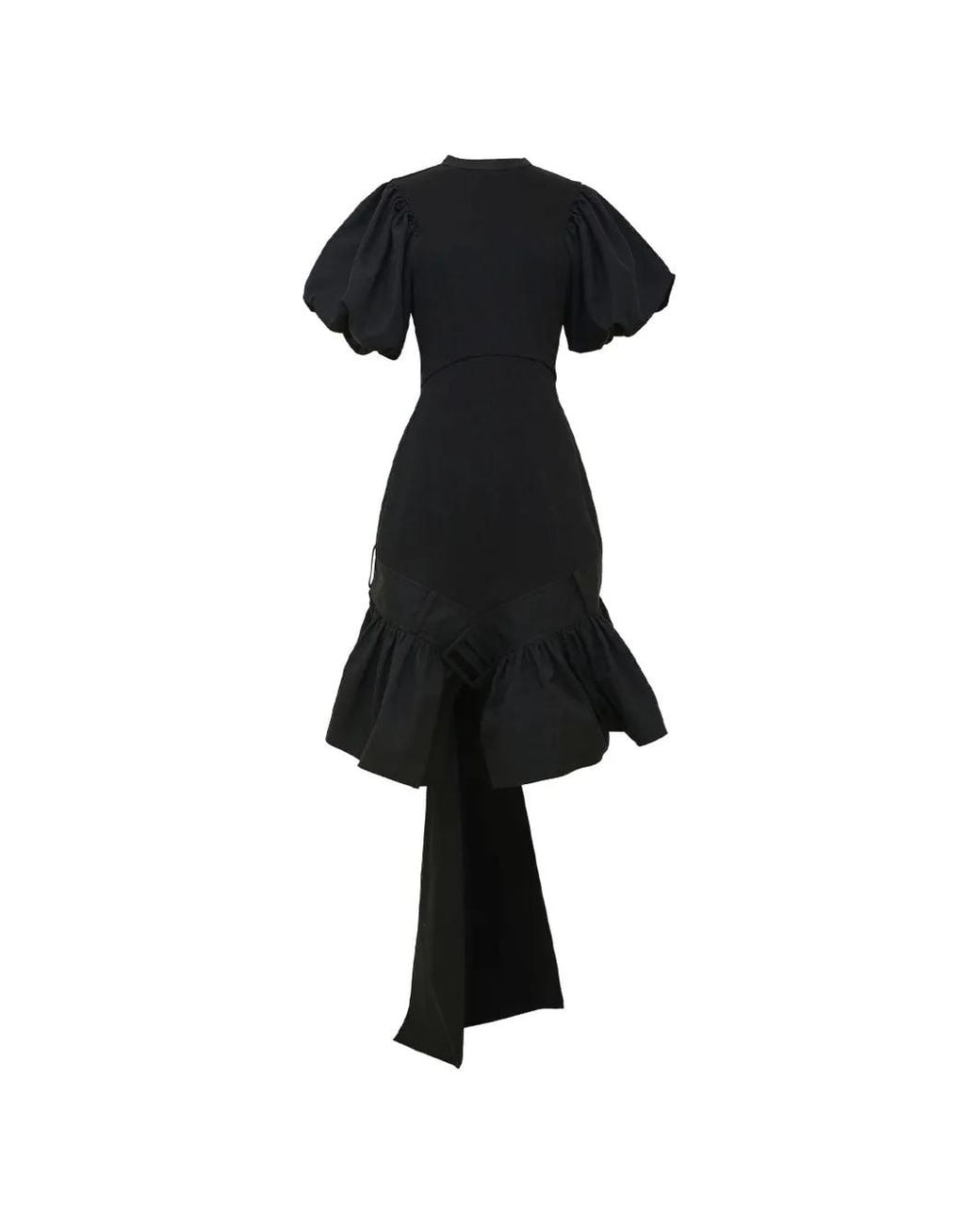 ROKH Black Ruffled Puff-Sleeve Midi Dress