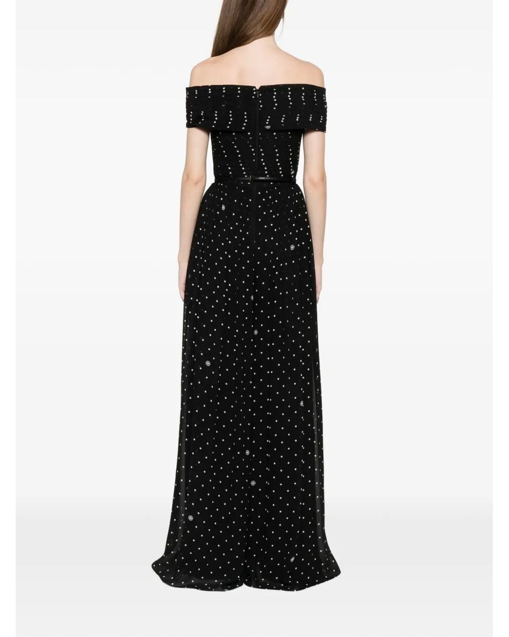 Elie Saab Black Polka-Dot Off-Shoulder Maxi Dress