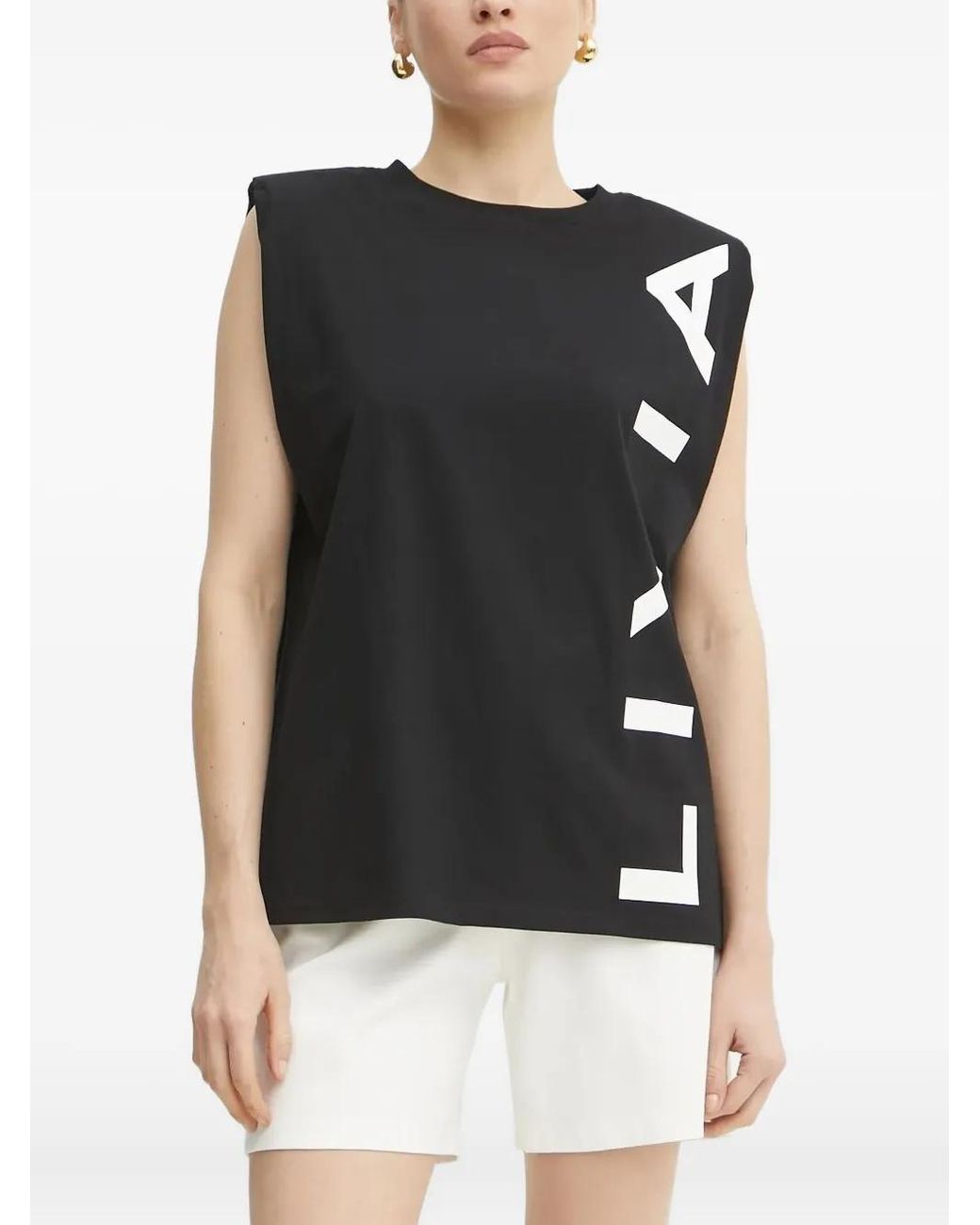 Liviana Conti Black Padded-Shoulder Logo Top