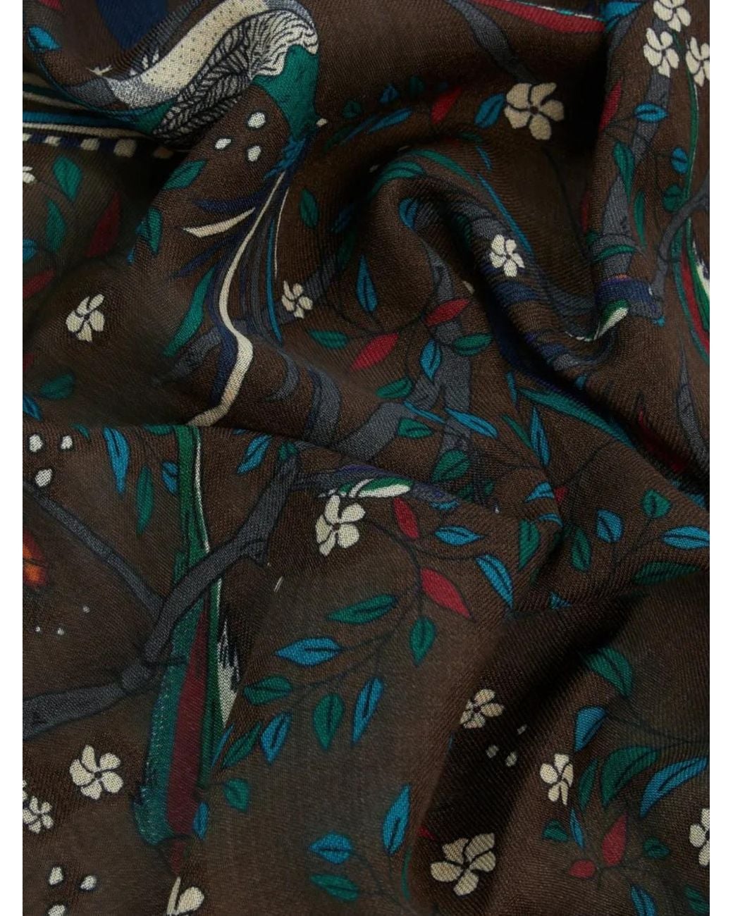Drake's Brown Birds Of Paradise Print Wool Scarf for men