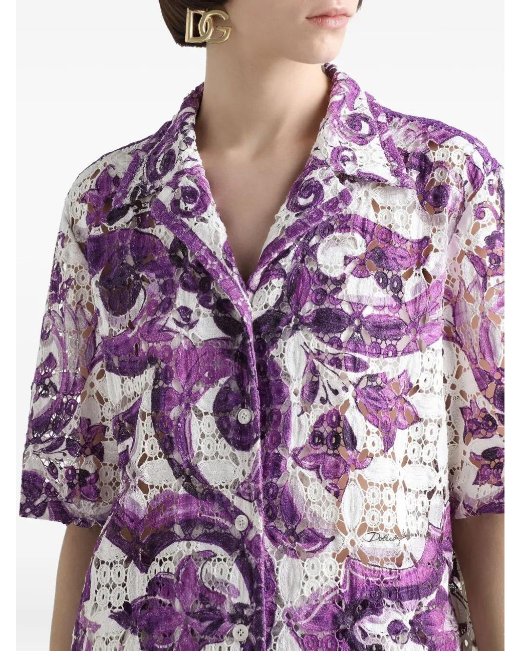 Dolce & Gabbana Purple Crochet Majolica Print Shirt