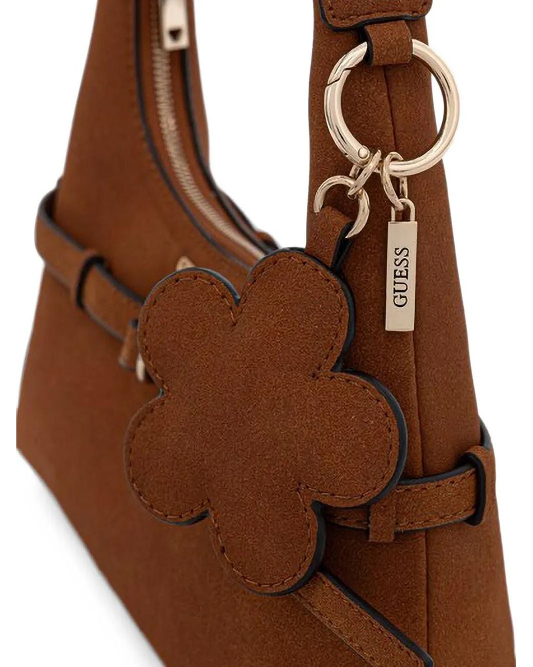 Guess Brown Mini Hobo Taylor Buckle-Detail Flower-Charm Tote Bag
