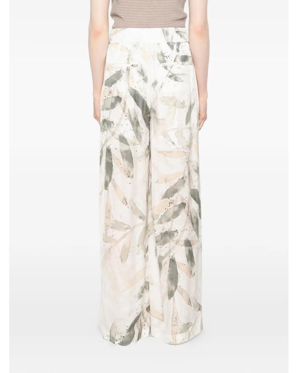Peserico White Leaf-Print Elasticated Trousers