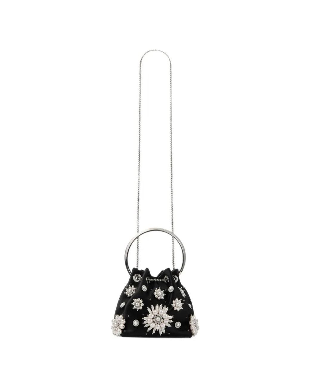 Jimmy Choo Black Bon Bon Satin Bucket Bag With Floral Pearl Embroidery