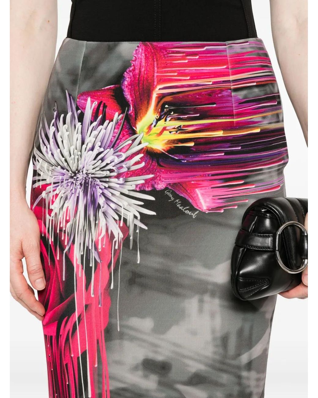 Gemy Maalouf Gray Floral-Print Zip-Front Skirt