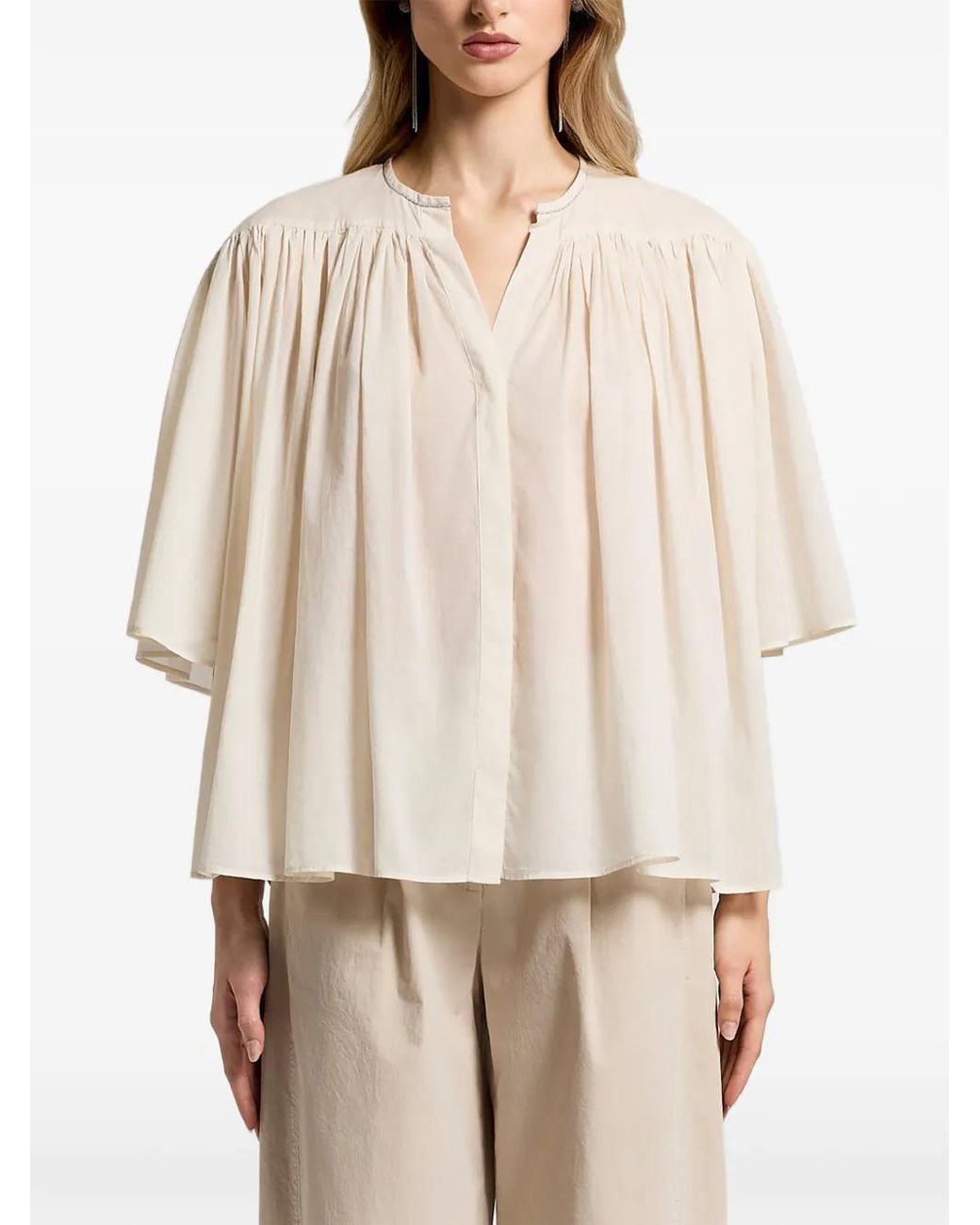 Peserico Natural Gathered V-Neck Blouse