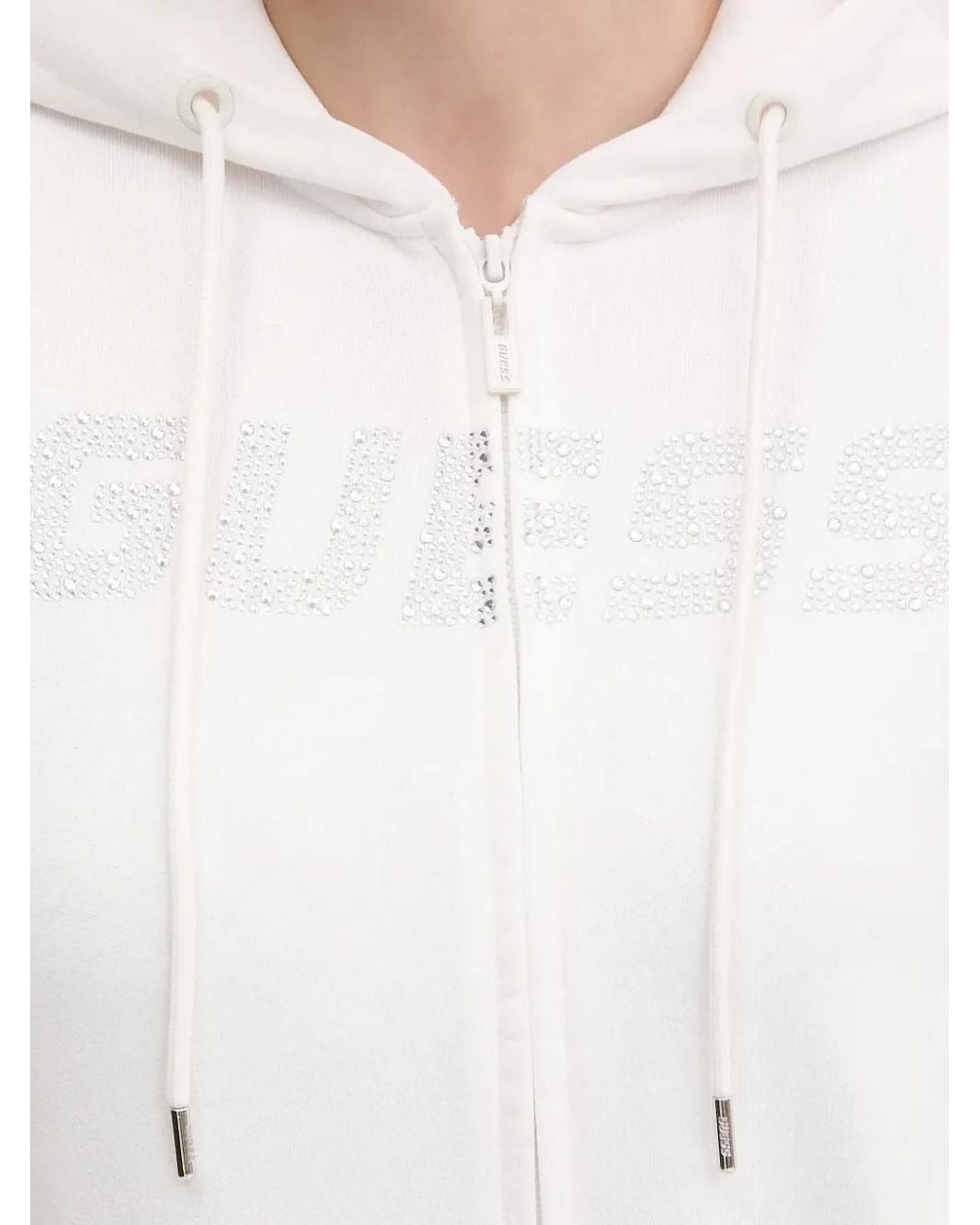 Guess White Hoodie Zippé À Logo Strassé