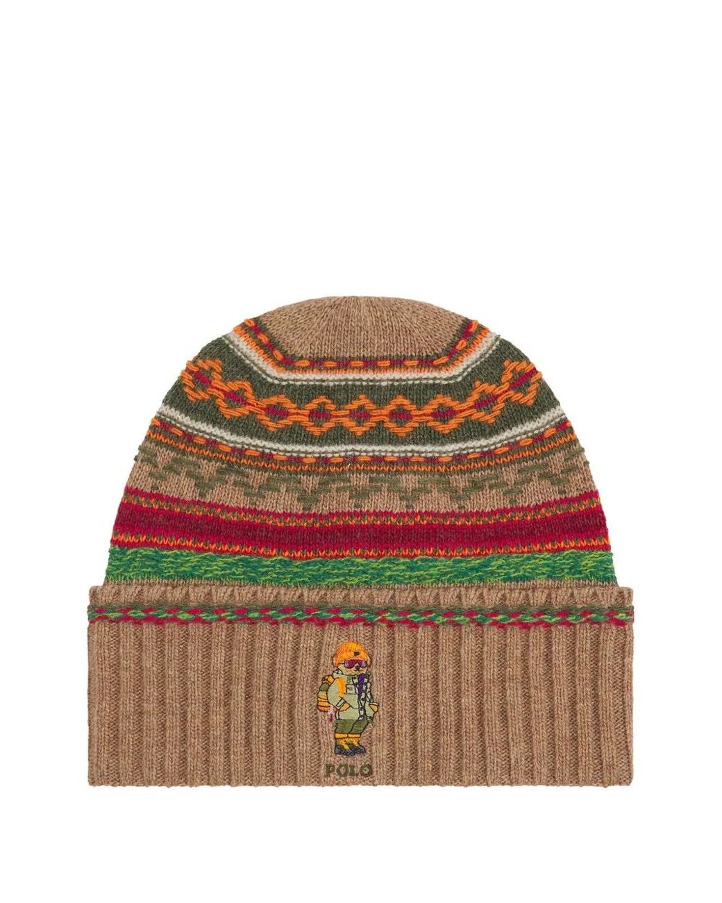 Polo Ralph Lauren Brown Fair Isle Polo Bear Beanie Hat for men