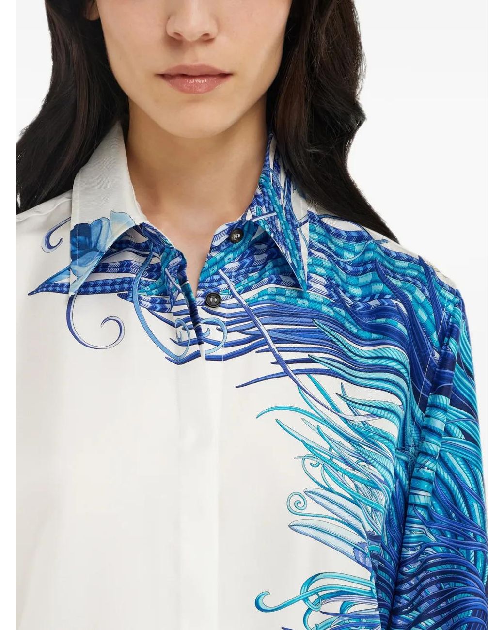 Ferragamo Blue Feather Show Print Silk Shirt