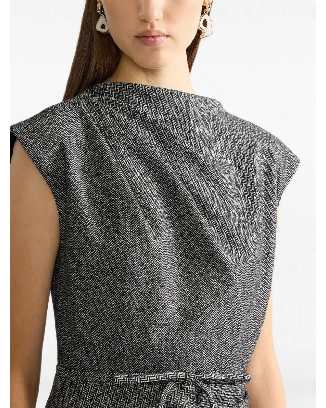 Erdem Gray Herringbone Draped Midi Dress