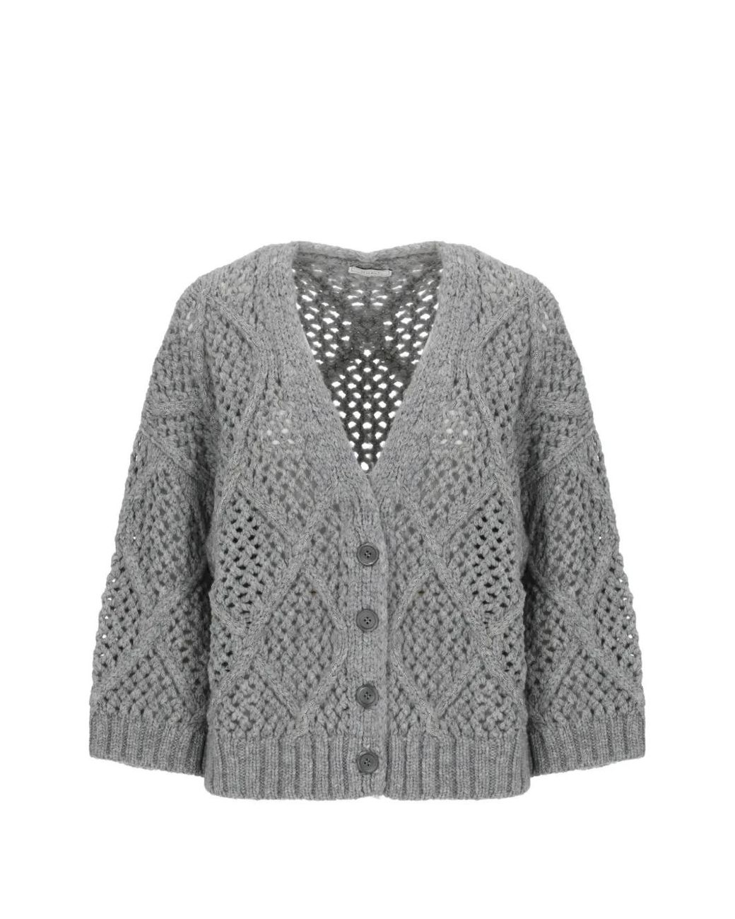 Peserico Gray Perforated-Knit Bead-Embellished Sweater