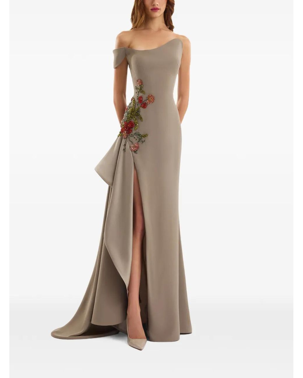 Gemy Maalouf Brown Off-Shoulder Embroidered Maxi Dress
