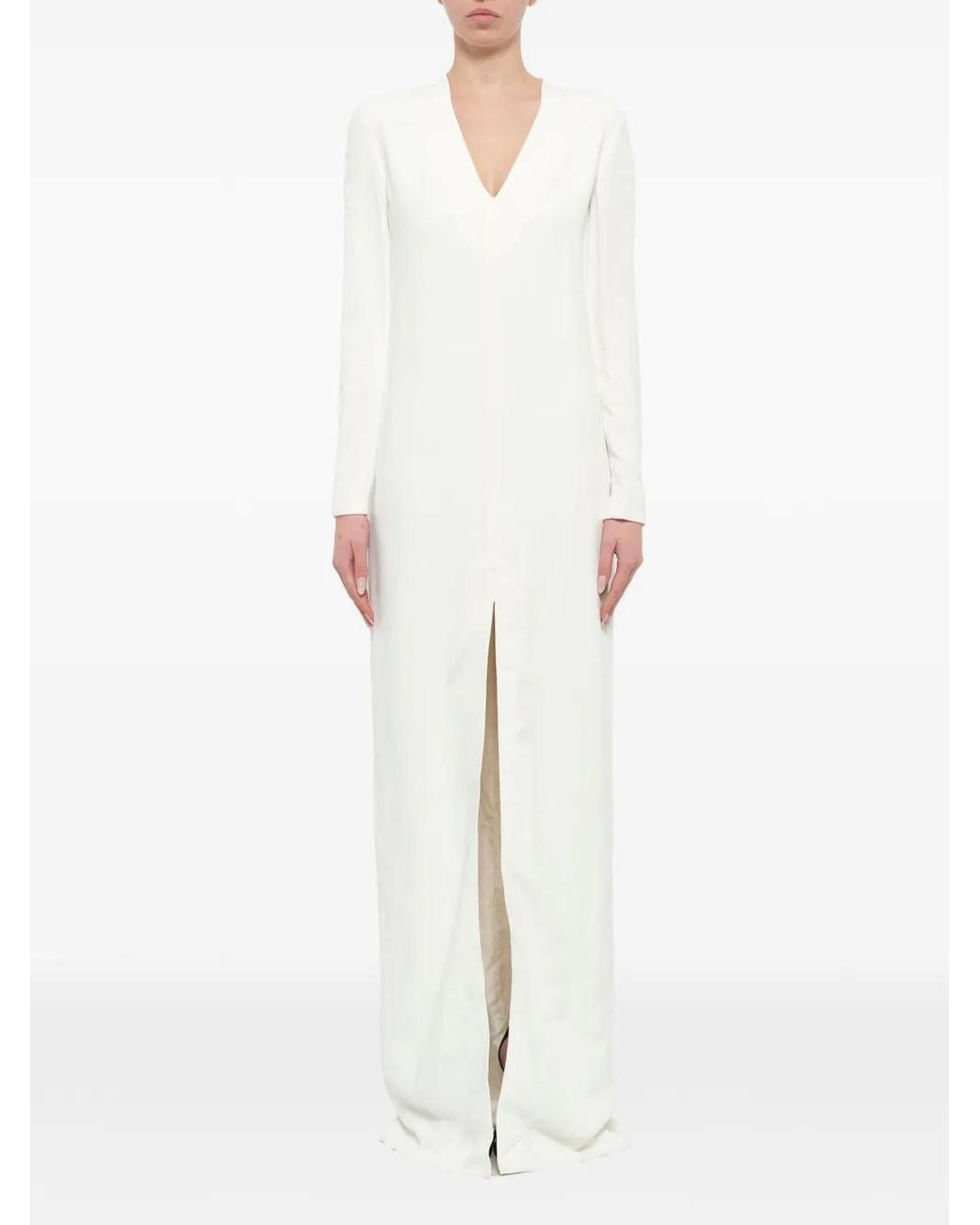 Lanvin White V-Neck Front-Slit Maxi Dress