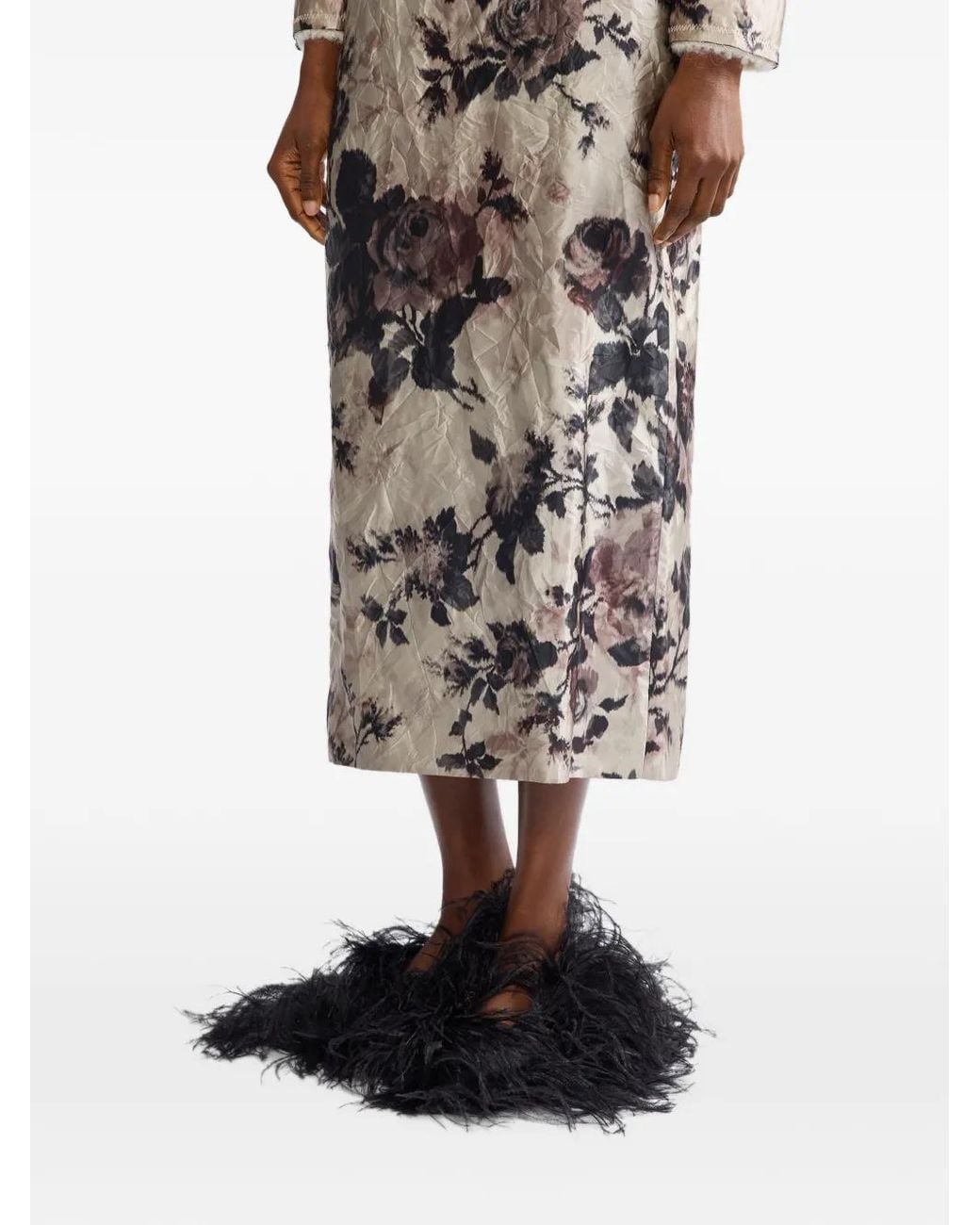 Erdem White Floral-Print Crinkled Midi Skirt