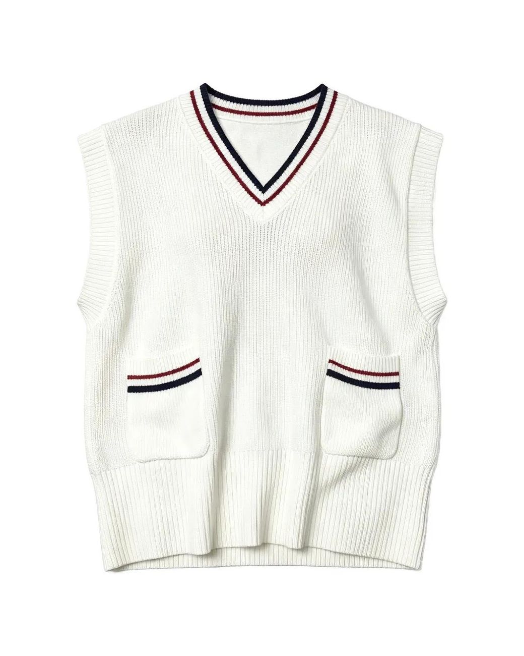 Brunello Cucinelli White Stripe-Trim V-Neck Sweater