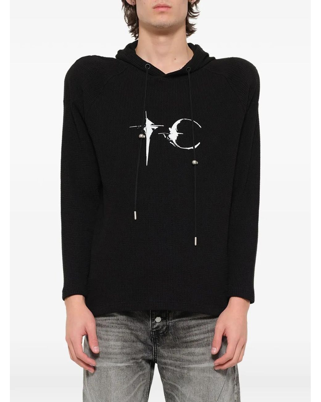 THUG CLUB Black Waffle-Knit Logo-Print Hoodie for men