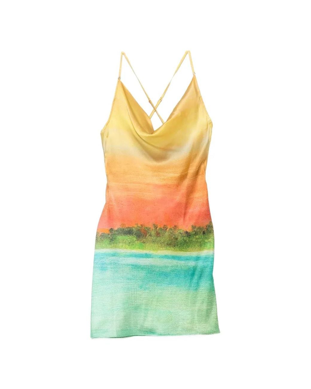 Donde Esteban Green Landscape-Print Cowl-Neck Mini Dress