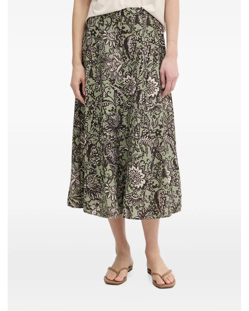 Marc O' Polo Green Floral-Print-Flared Midi Skirt