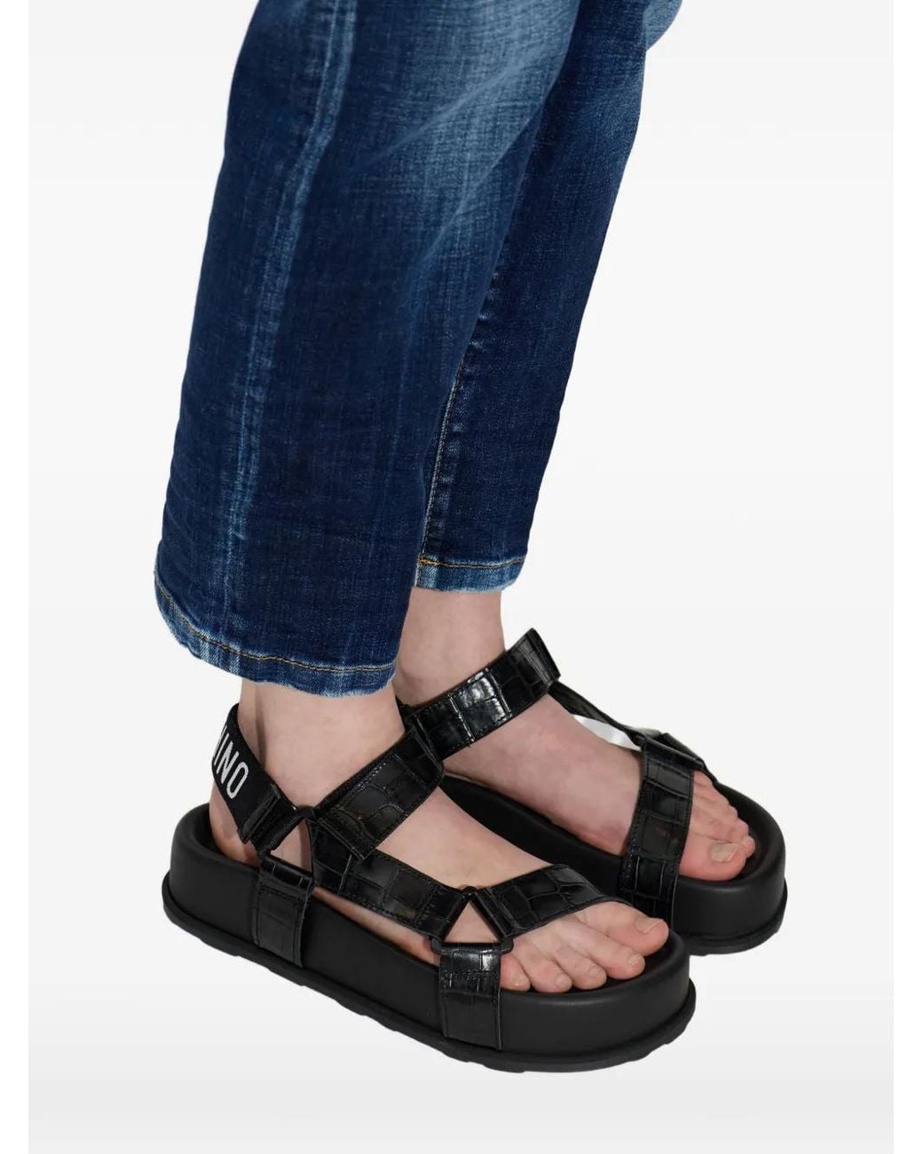 Moschino Black Sandales À Effet Peau De Crocodile