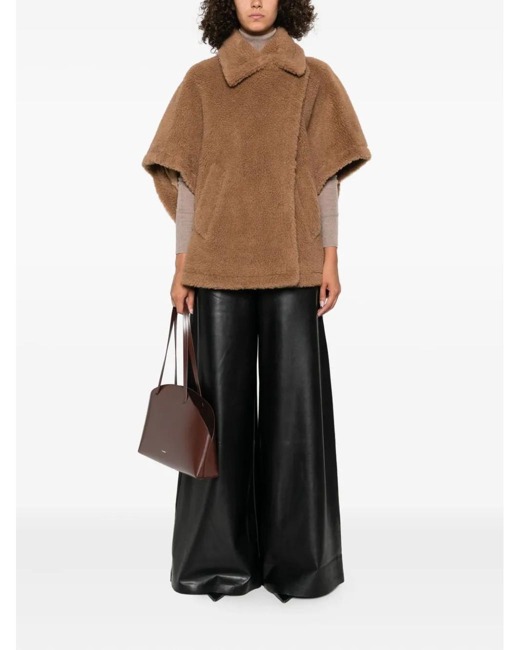 Max Mara Brown Shearling-Effect Cape Jacket