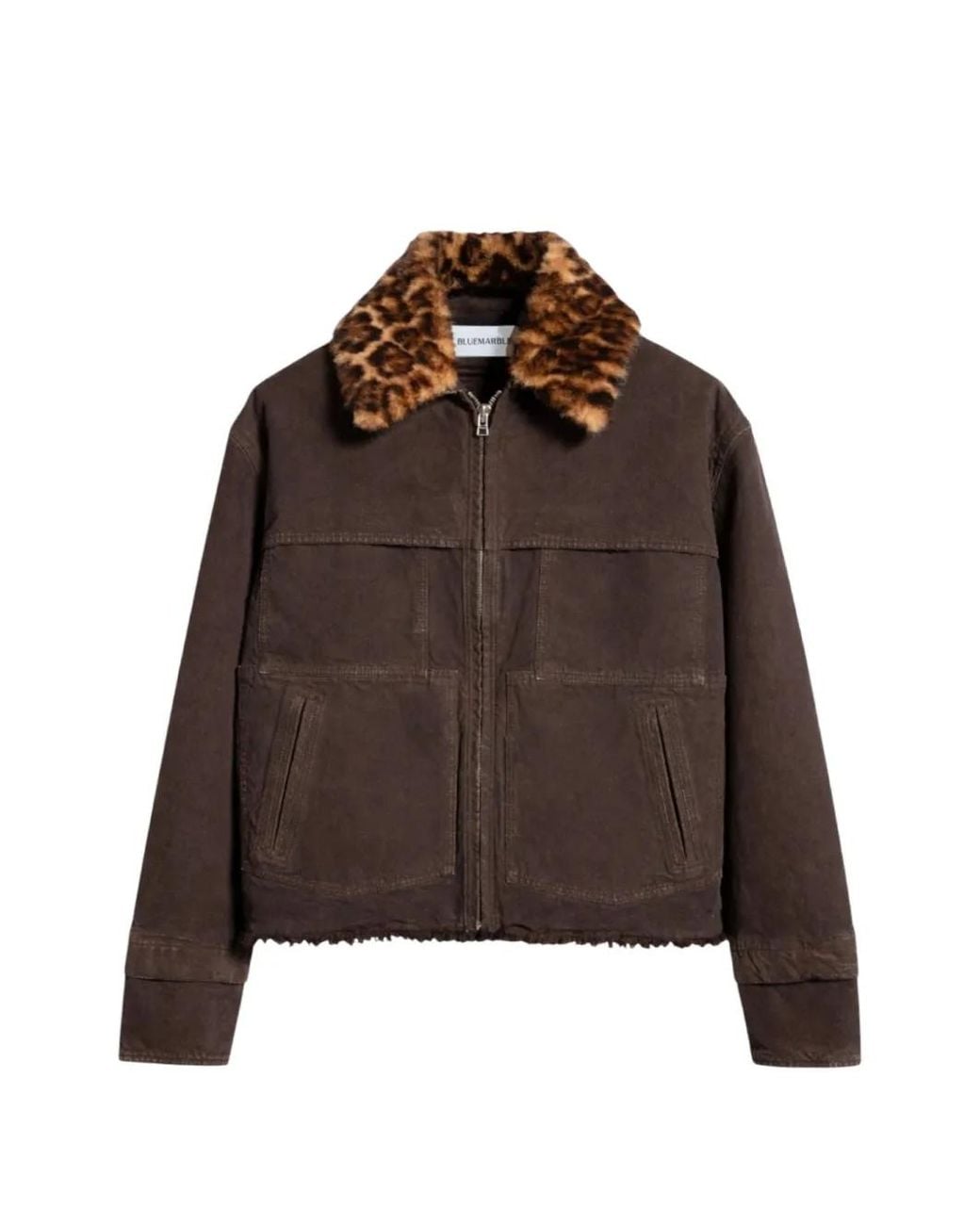 Bluemarble Brown Leopard-Print Faux-Fur Collar Jacket