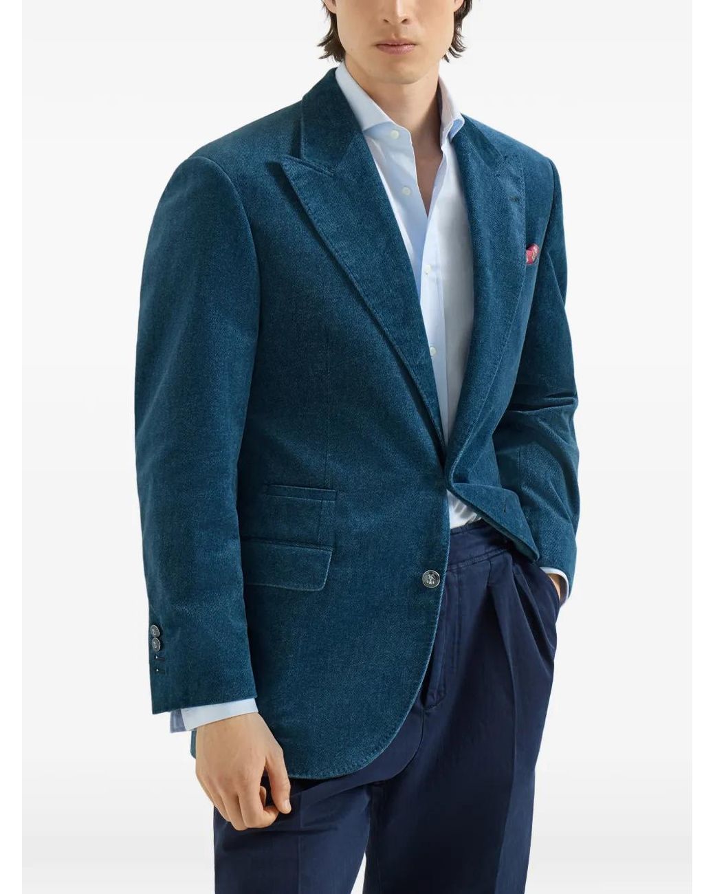 Brunello Cucinelli Blue Denim-Effect Cotton Velvet Tailor Blazer With Peak Lapels for men