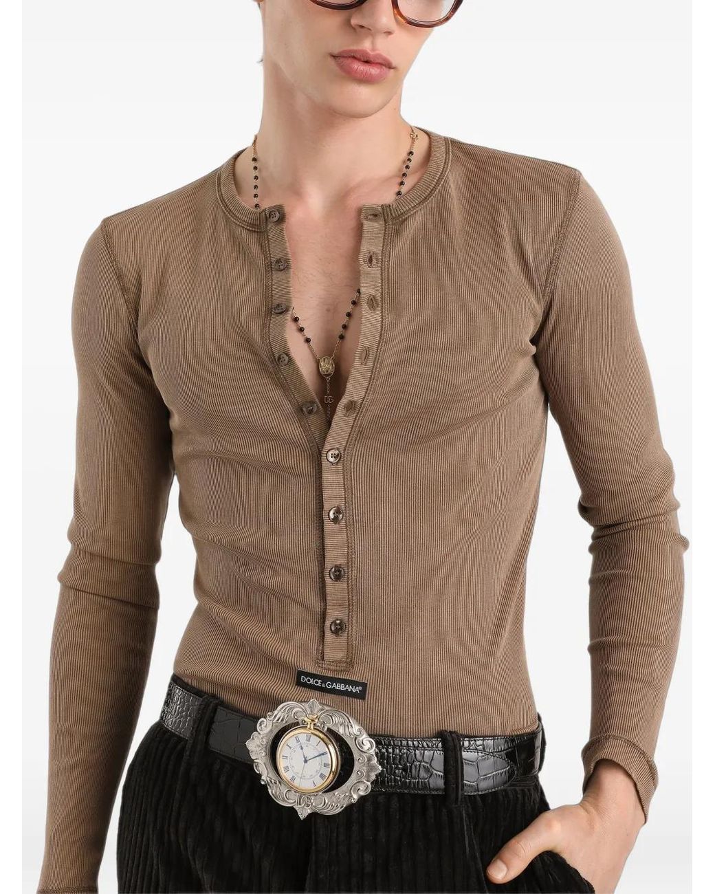 Dolce & Gabbana Brown T-Shirt Serafino À Design Côtelé for men