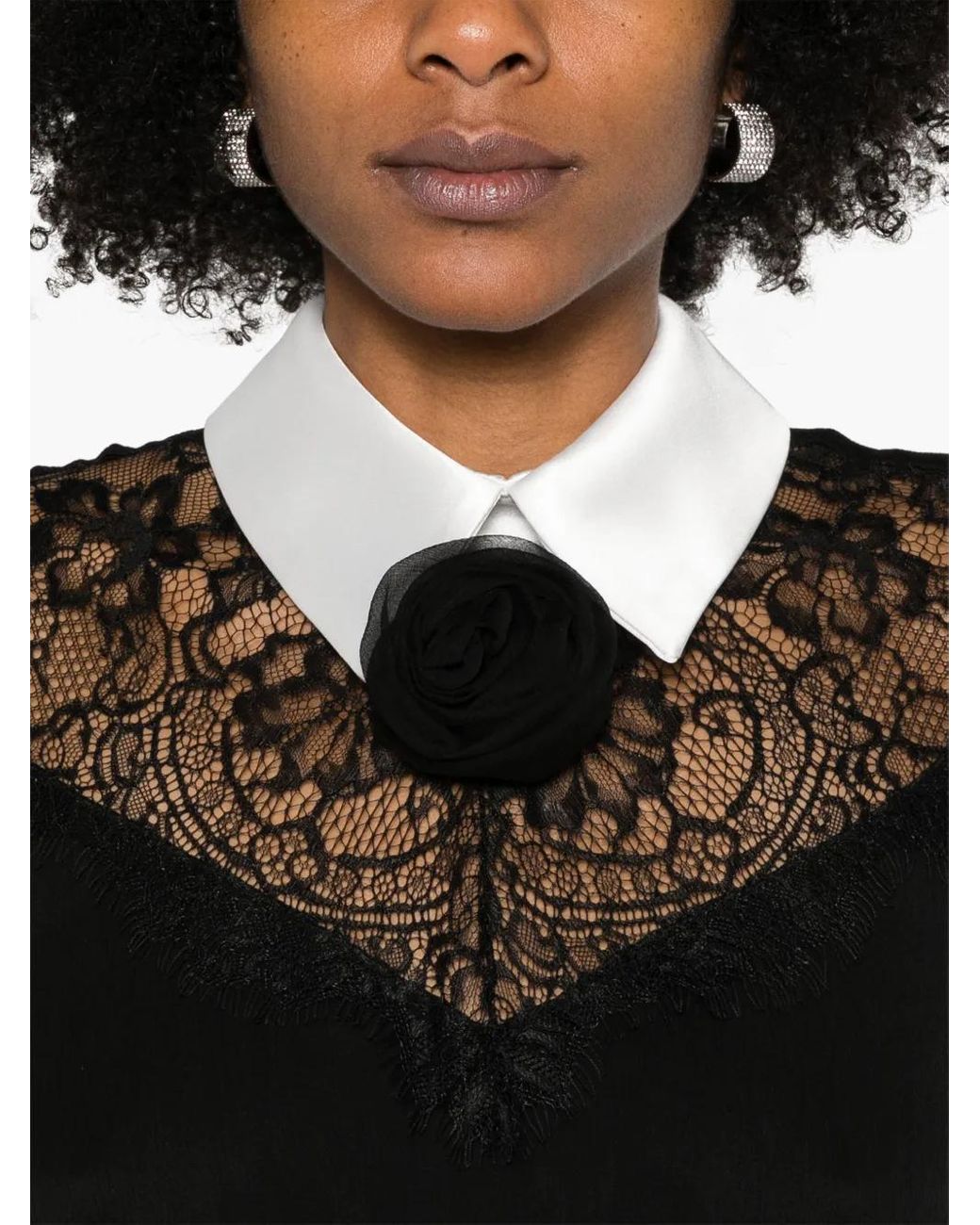 Nissa Black Lace-Detail Silk Midi Dress