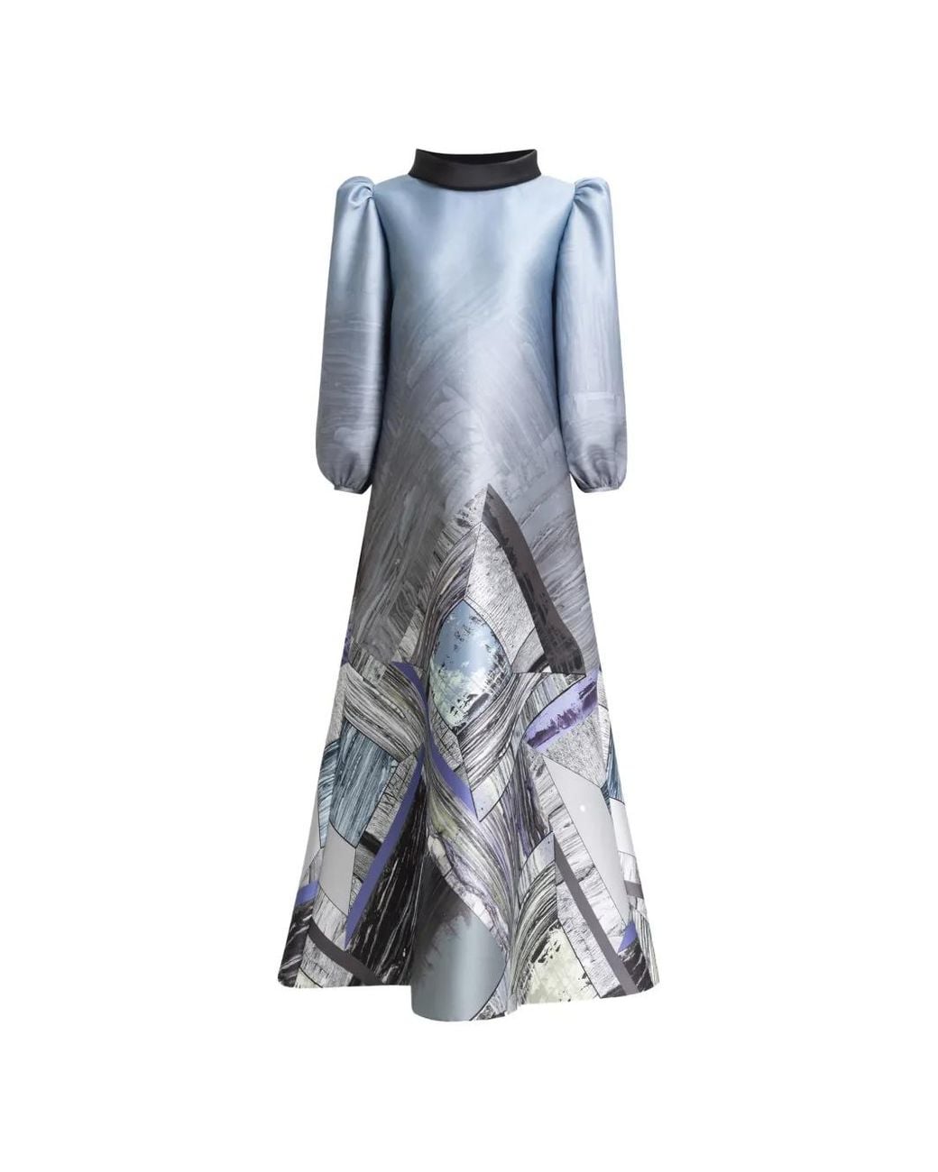 Gemy Maalouf Blue Puffed Sleeves Geometric Maxi Dress