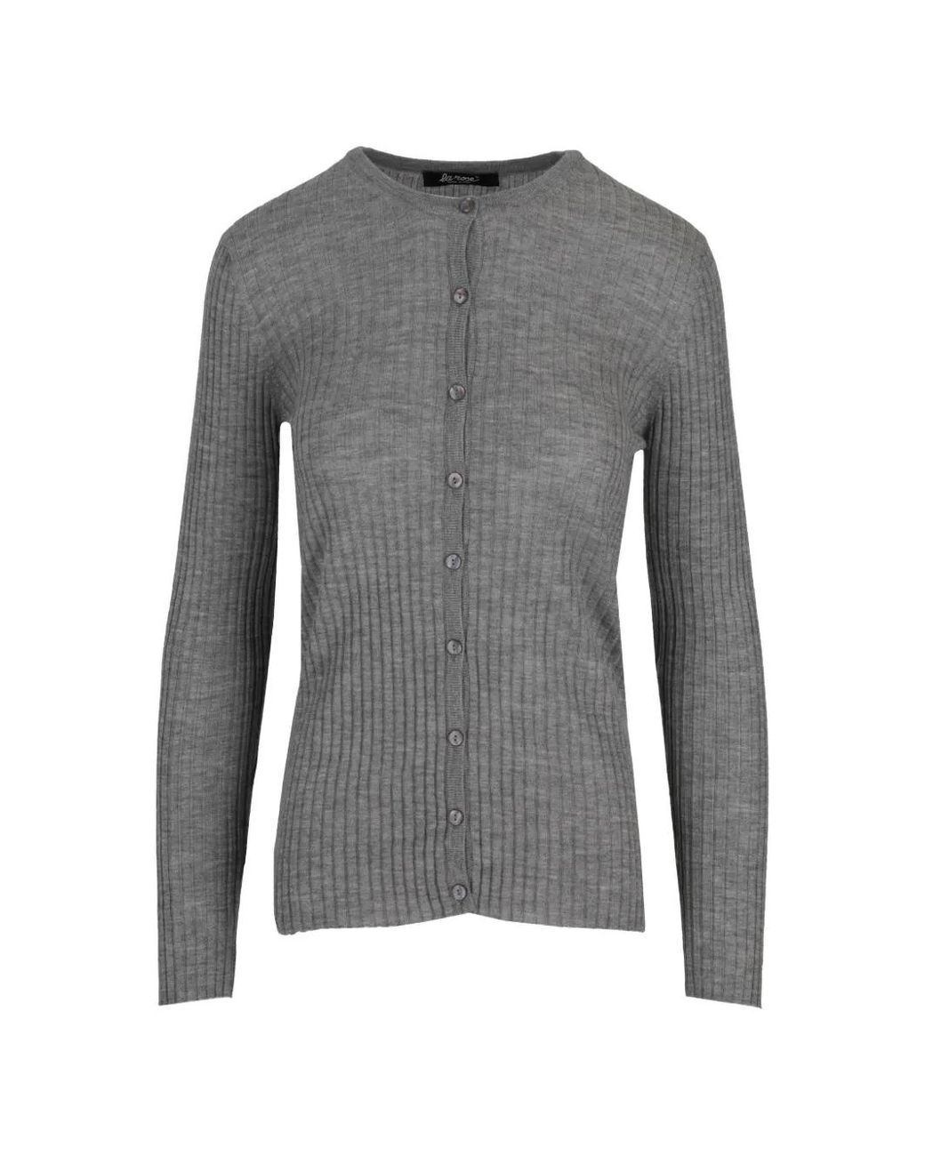 LA ROSE Gray Ribbed-Knit Round-Neck Cardigan