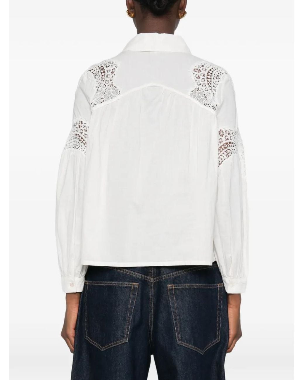 Ba&sh White Roseannie Lace-Panelled Ruffled Blouse