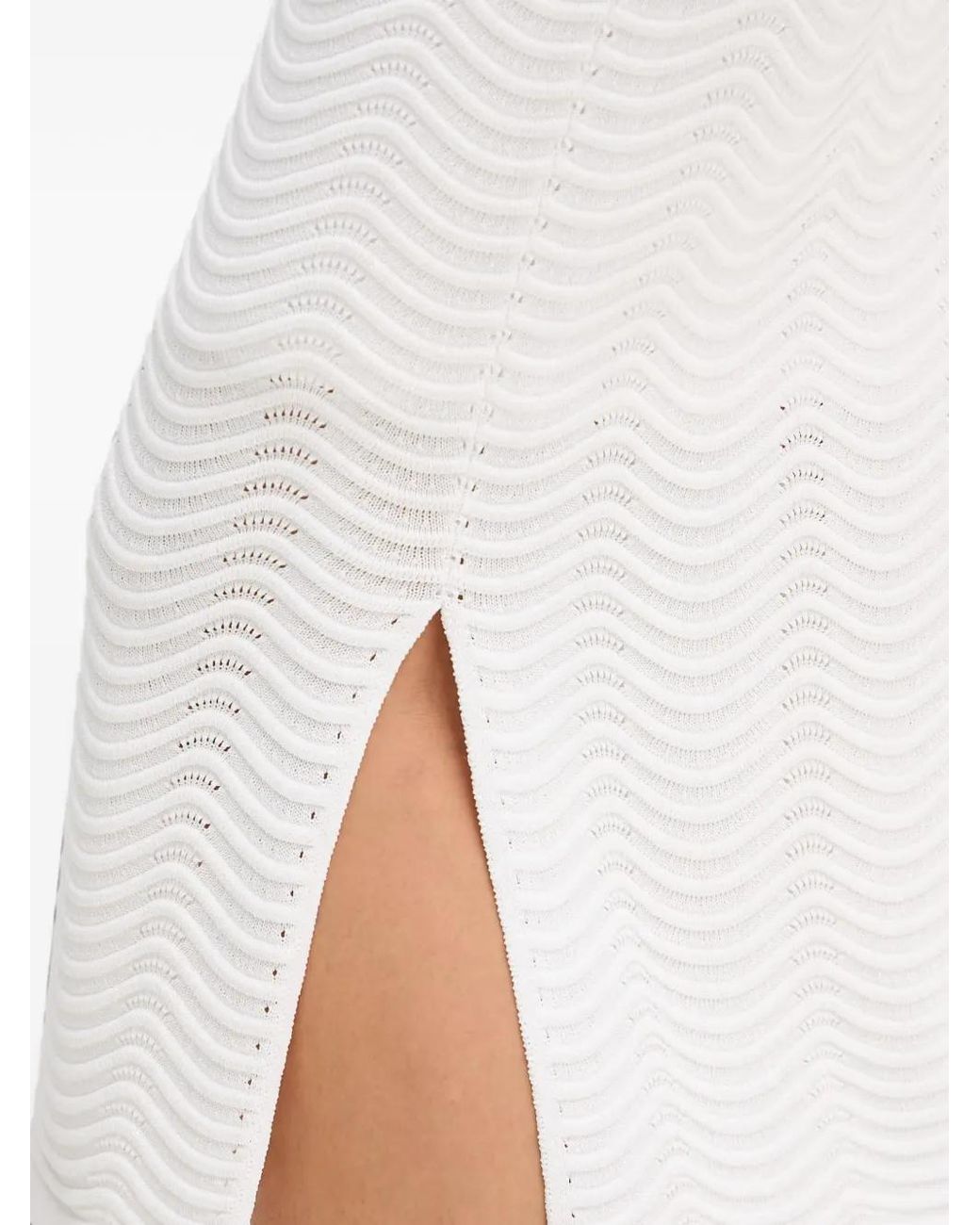 Joseph Ribkoff White Chevron-Knit Side-Slit Midi Skirt