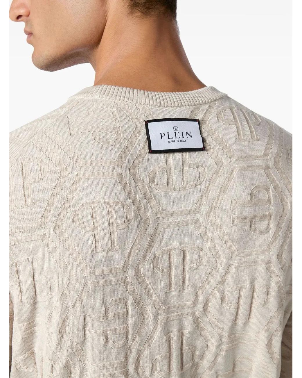 Philipp Plein Natural Jacquard Silk Wool Pullover Round Neck Ls Monogram for men
