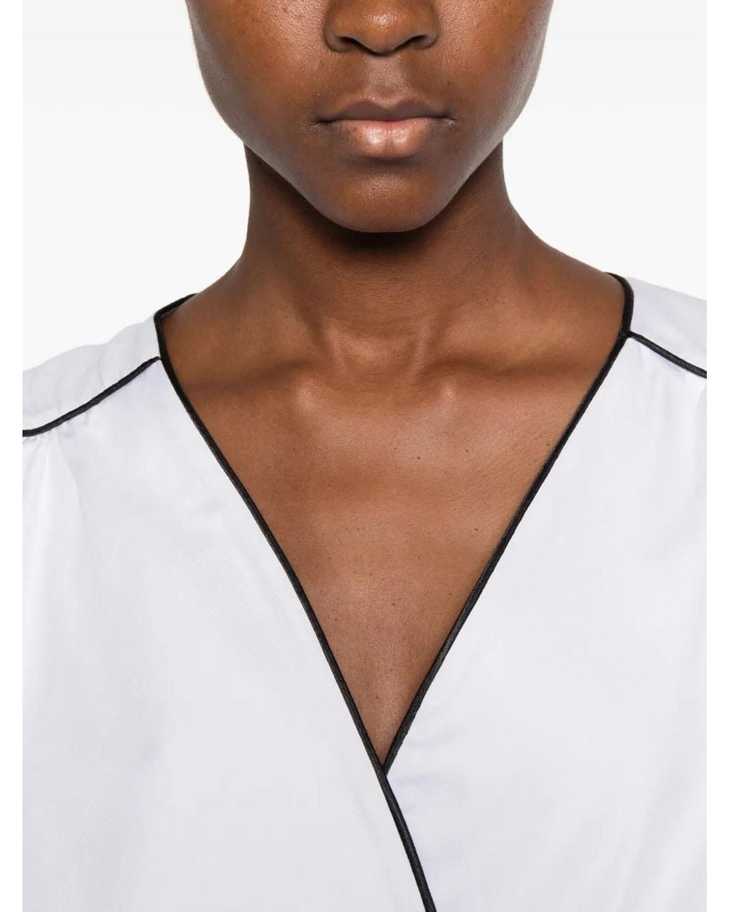 Styland White Piped-Trim Wrap Blouse