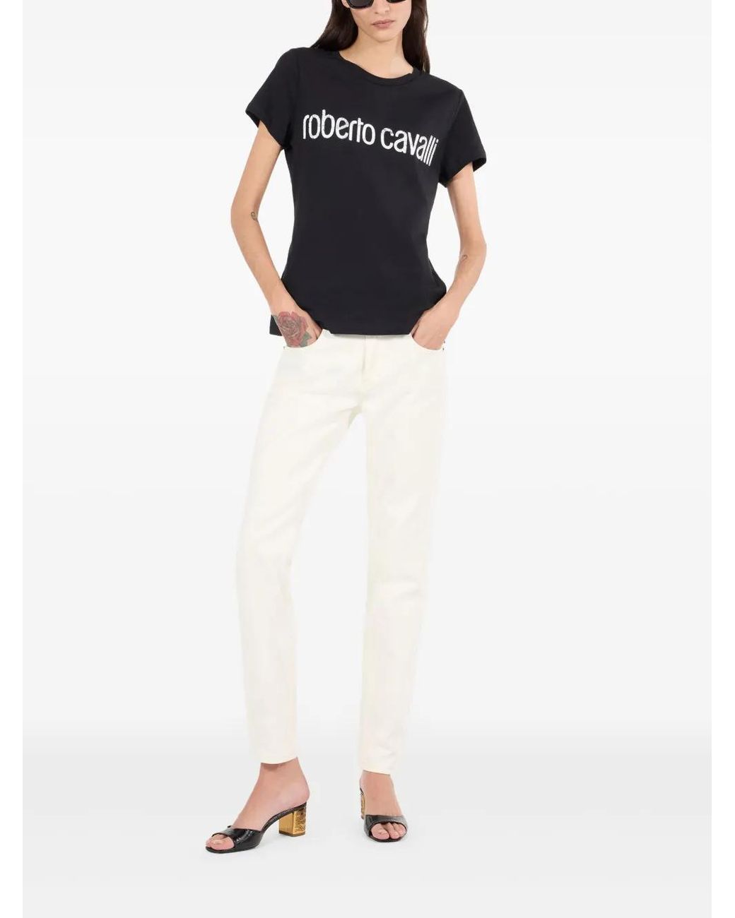 Roberto Cavalli White Python-Print Jeans