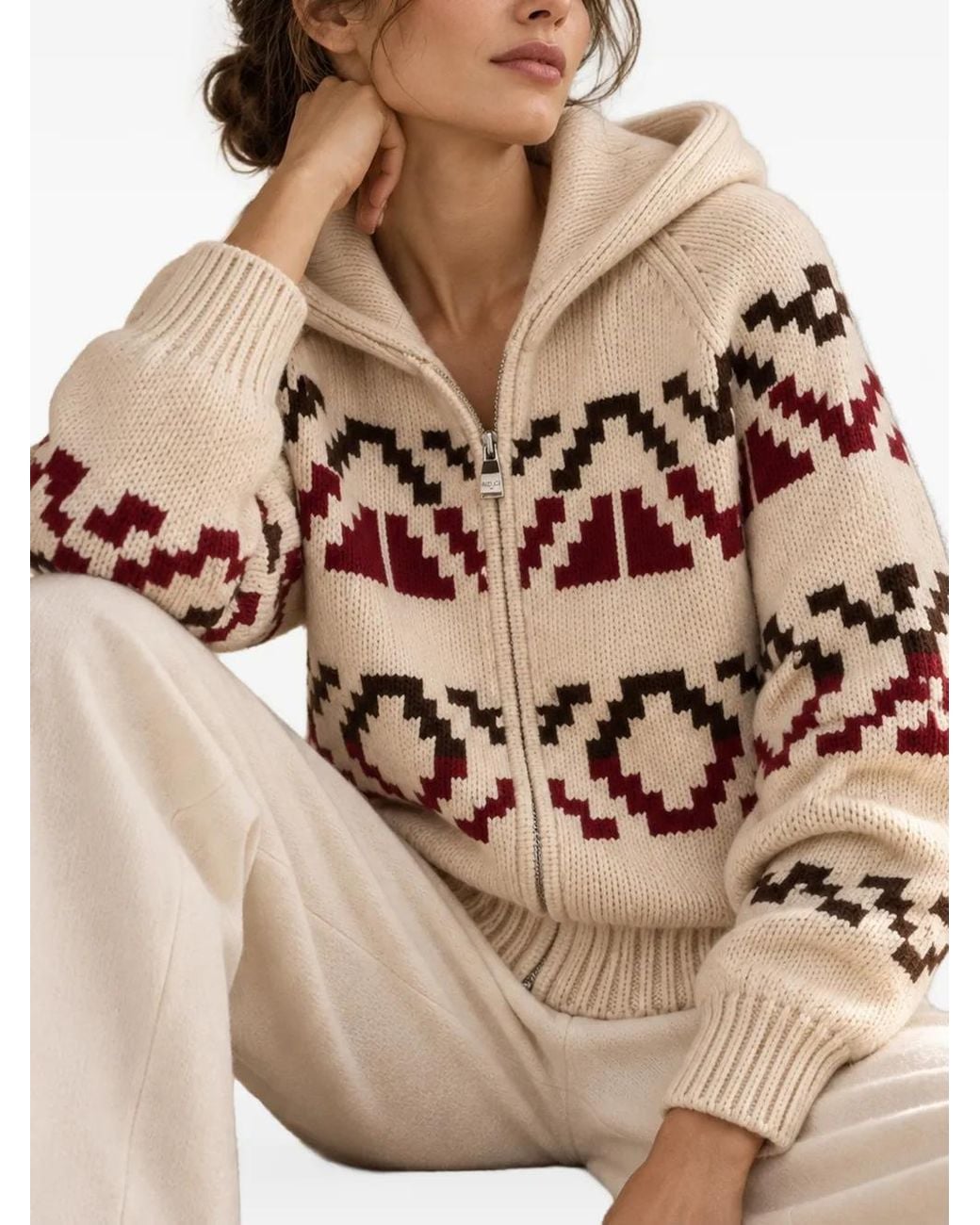 Malo Pink Geometric-Pattern Zip-Up Sweater