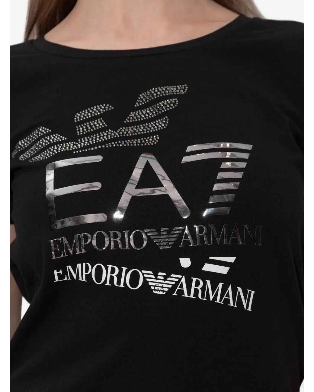 EA7 Black Logo-Print Rhinestone-Embellished T-Shirt