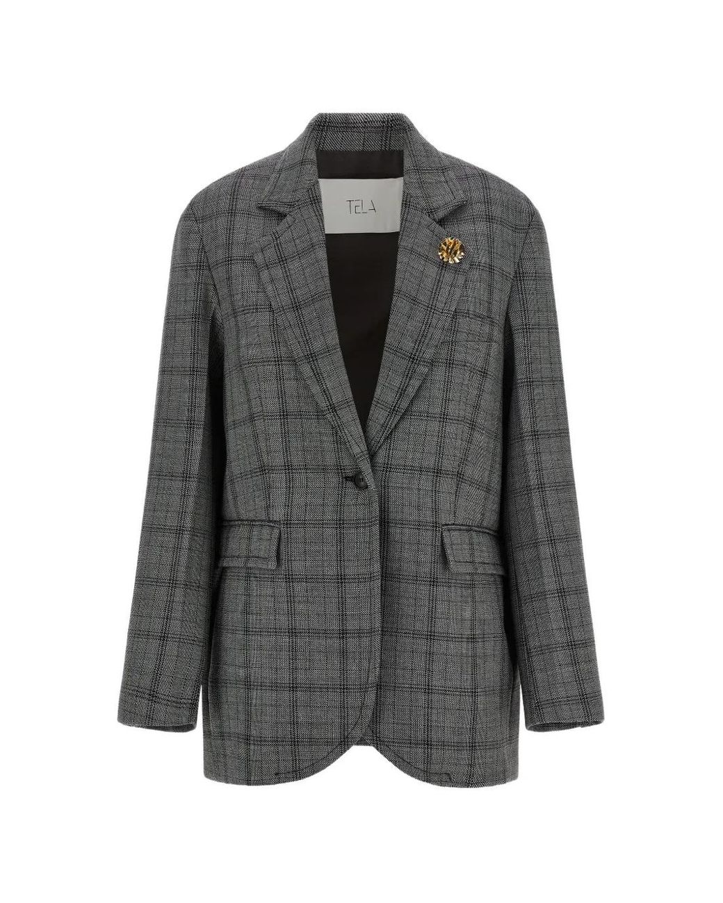 Tela Gray Prince Of Wales Brooch-Detail Blazer