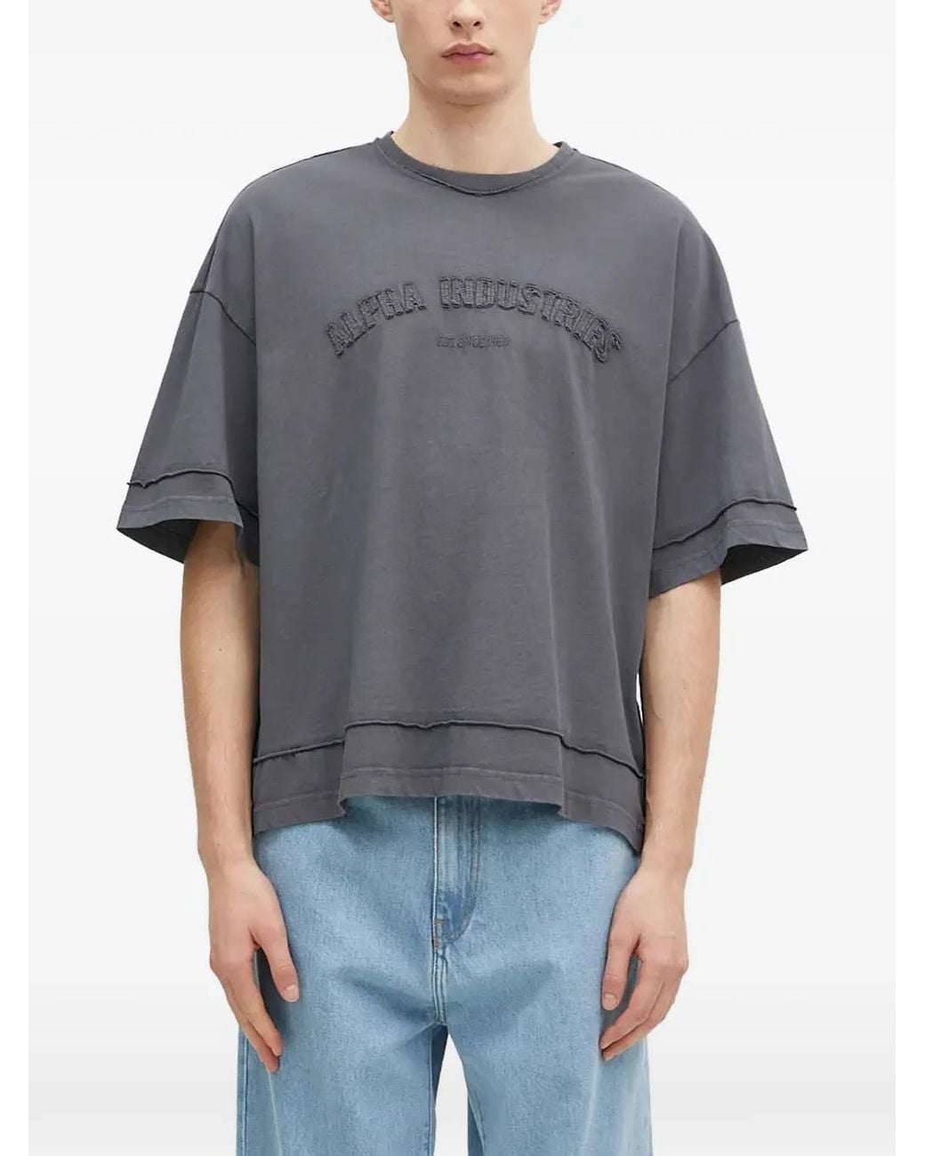 Alpha Industries Gray Logo-Embroidered Raw-Edge T-Shirt for men