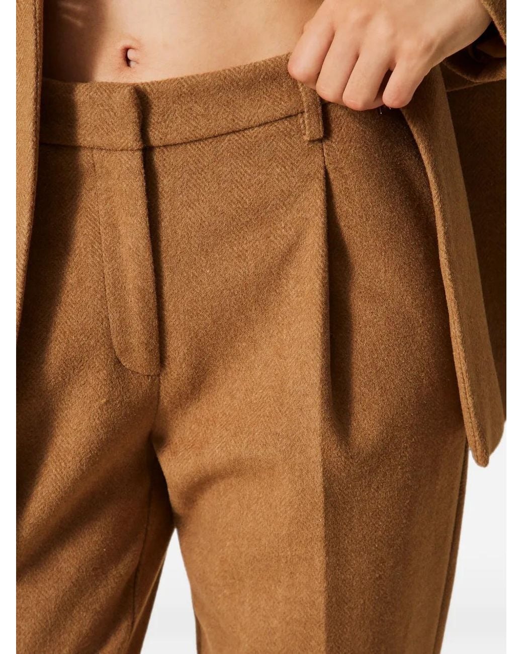 Twinset Natural Actitude Wool Blend Trousers With Chevron Pattern