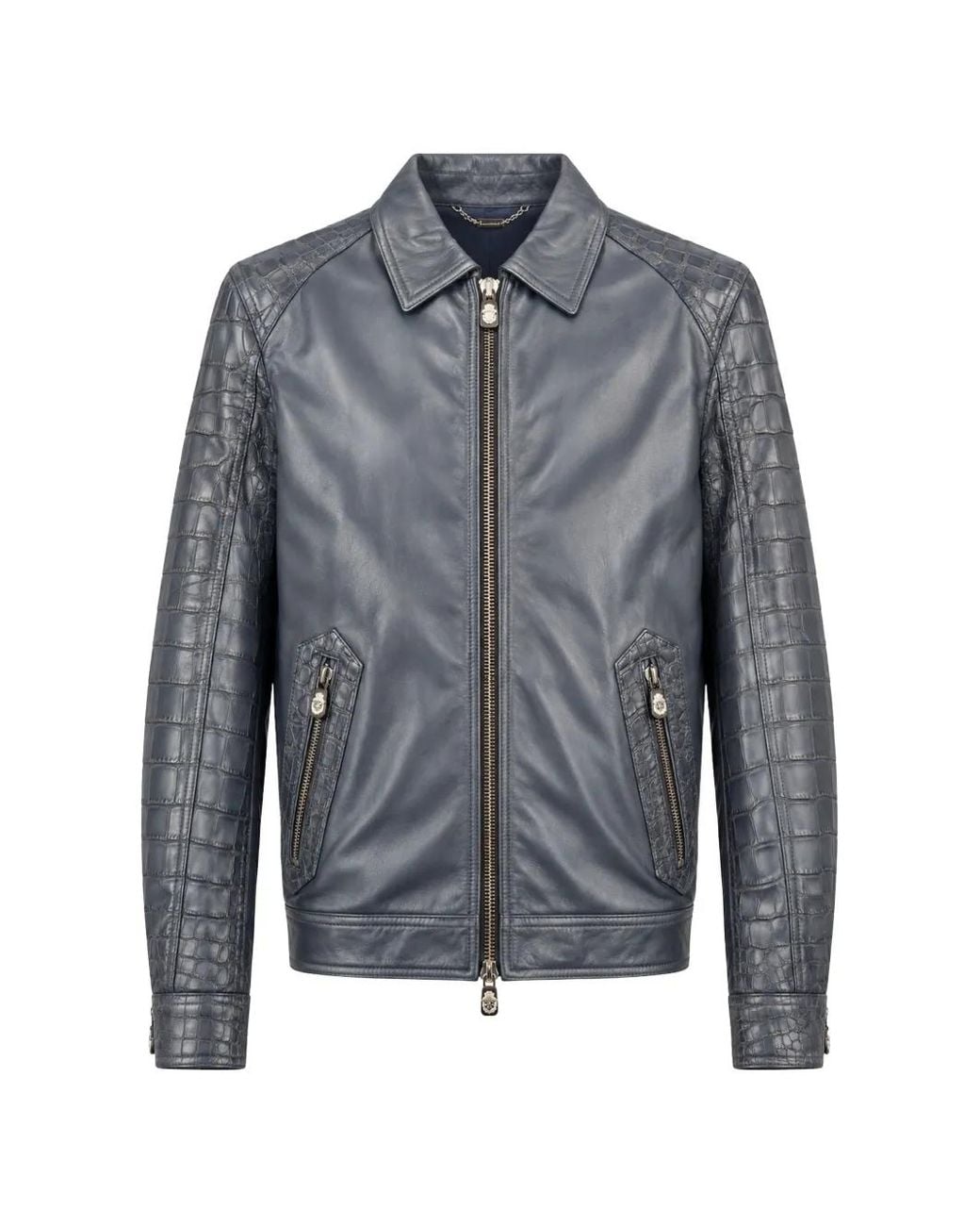 Billionaire Blue Crocodile-Effect Panelled Leather Jacket for men