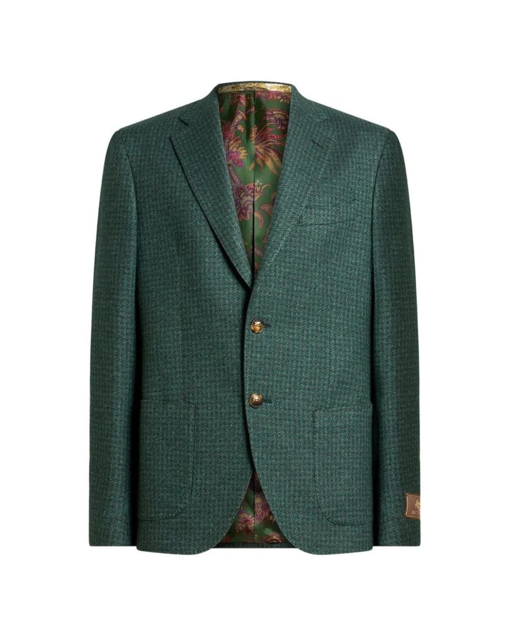Etro Green Houndstooth-Motif Single-Breasted Blazer for men