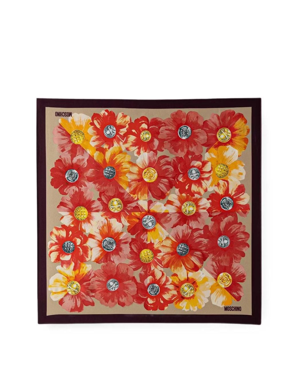 Moschino Red Floral-Print Button-Motif Scarf