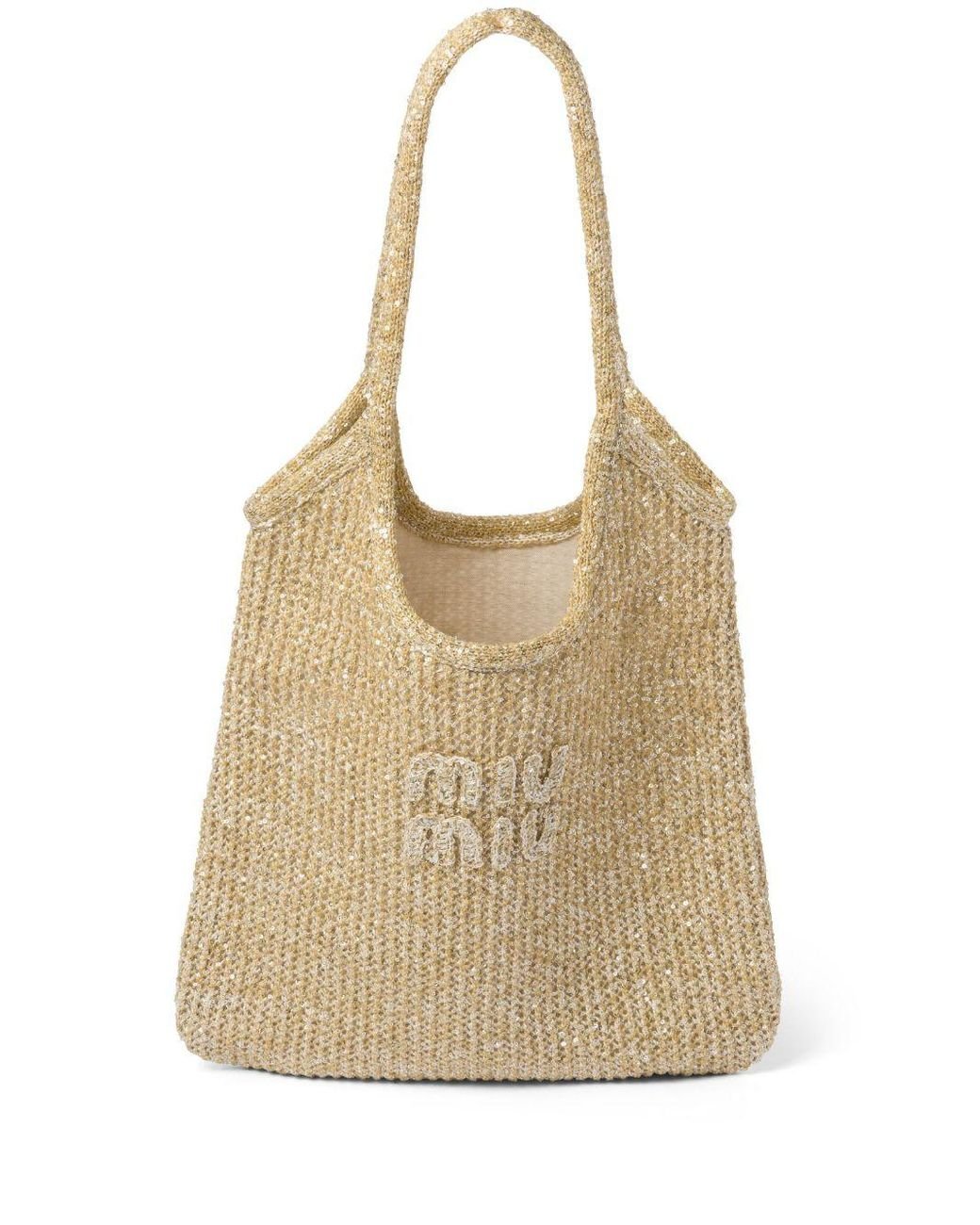 【MIU MIU】MINI SEQUIN TOTE BAG Miu Miu Sequin-embellished Mesh Tote Bag in Natural | Lyst