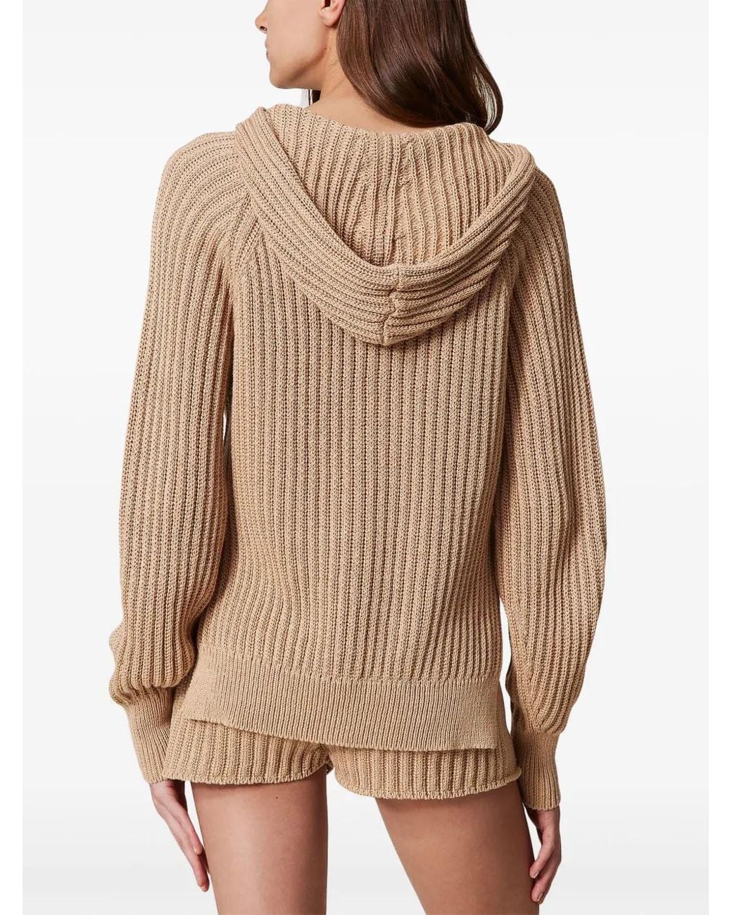 Twinset Natural Hooded Ribbed-Knit Sweater