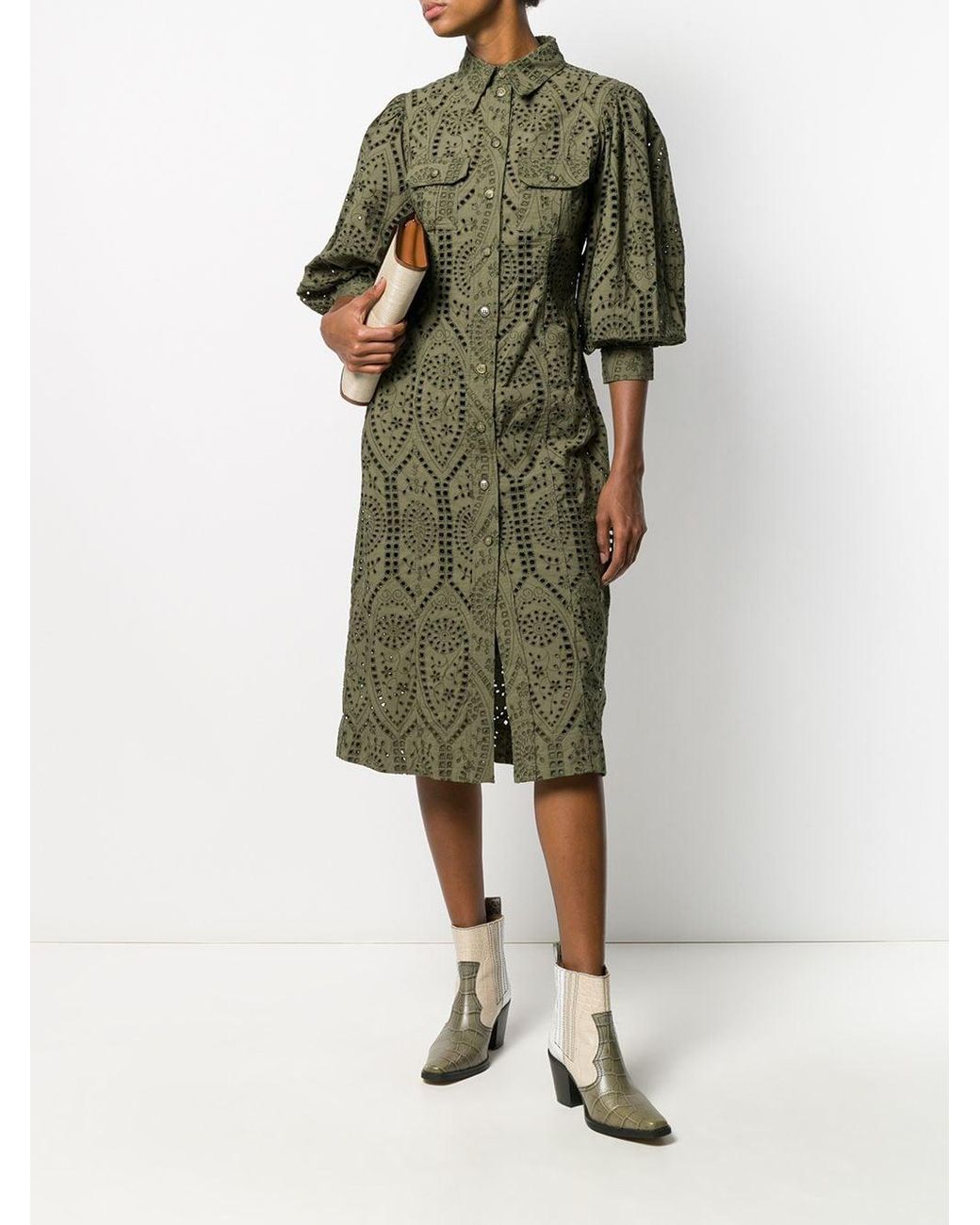 Ganni Broderie Anglaise Shirt Dress in Green | Lyst UK