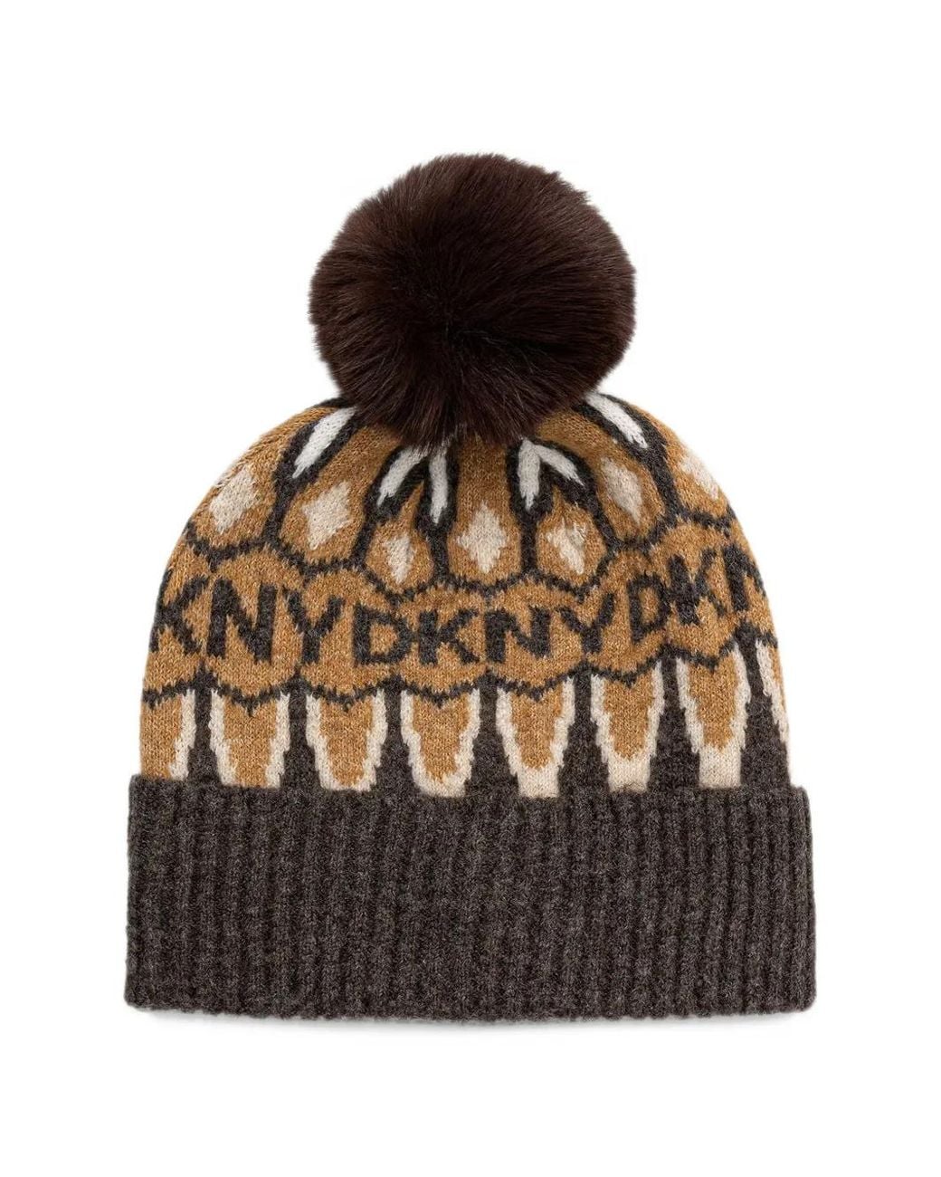 DKNY Brown Logo-Intarsia Pom-Pom Beanie Hat