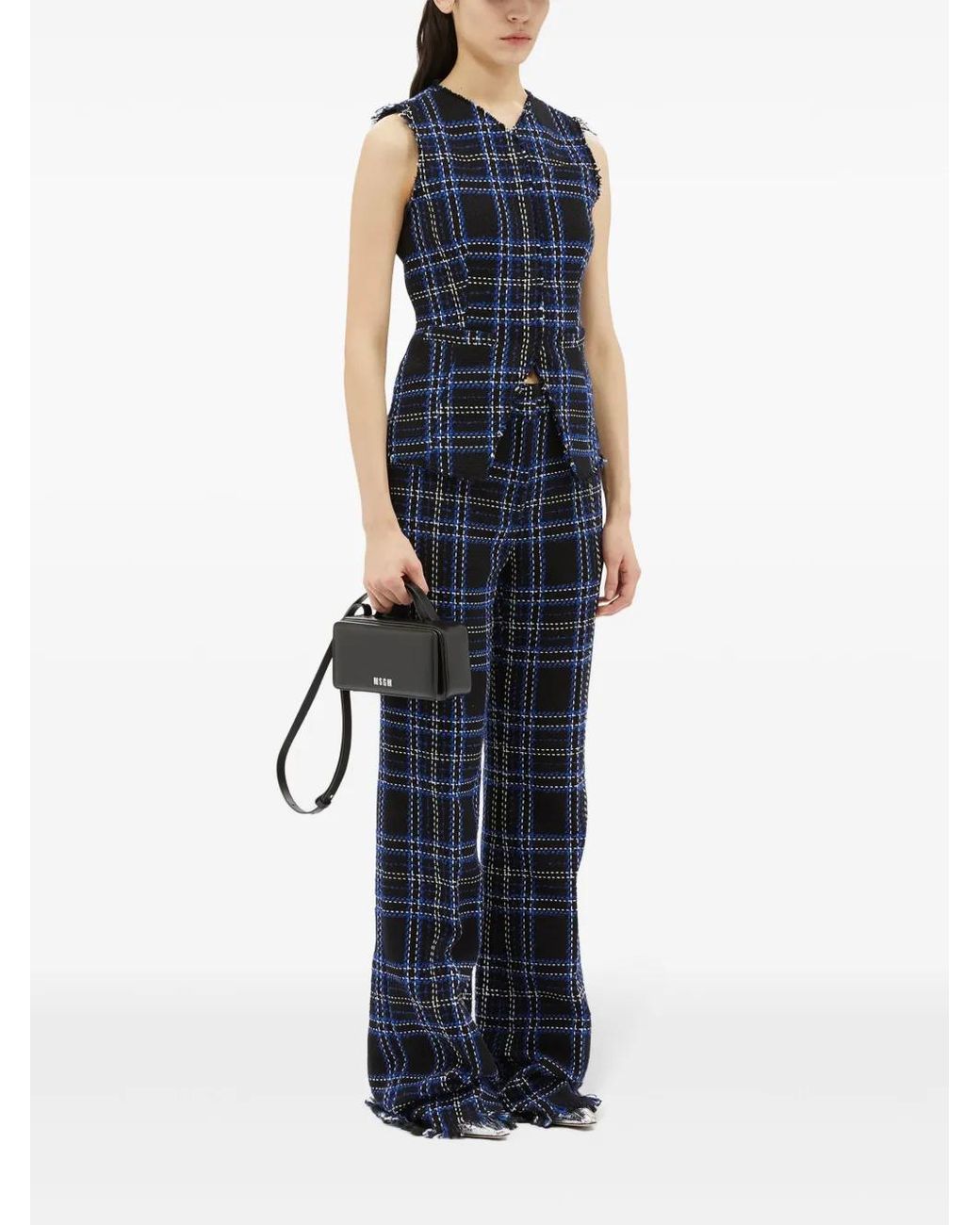 MSGM Blue Checked-Panel Cotton Trousers
