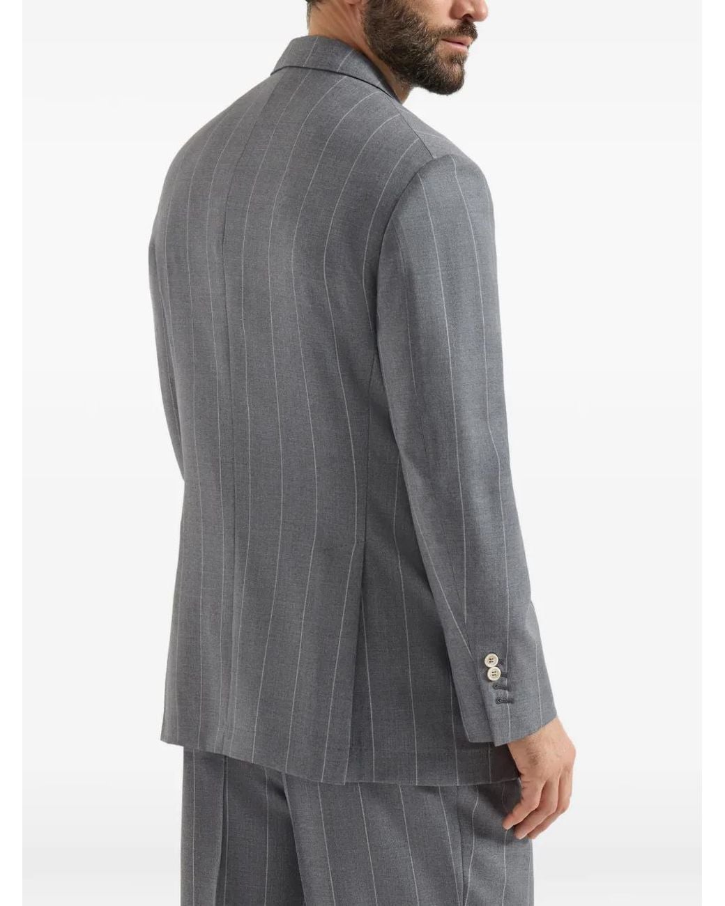Brunello Cucinelli Gray Virgin Wool Chalk Stripe One-And-A-Half Breasted Tailor Blazer for men
